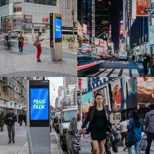 Busy city scenes featuring people walking past "Plug Talk" kiosks. Urban settings with billboards and buildings in the background.