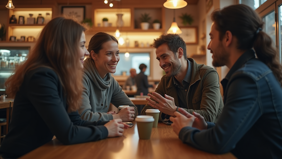 Close-up view of a cozy coffee shop with people discussing ideas