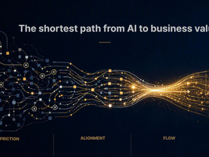 Abstract illustration of fragmented pathways converging into a single flow of light, representing how reducing organisational friction creates alignment, improves flow and accelerates business value from AI.