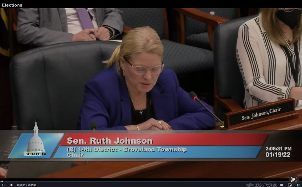Michigan State Senator Ruth Johnson posing questions about the process of tying motor vehicle registration with voter registration, January 2022.