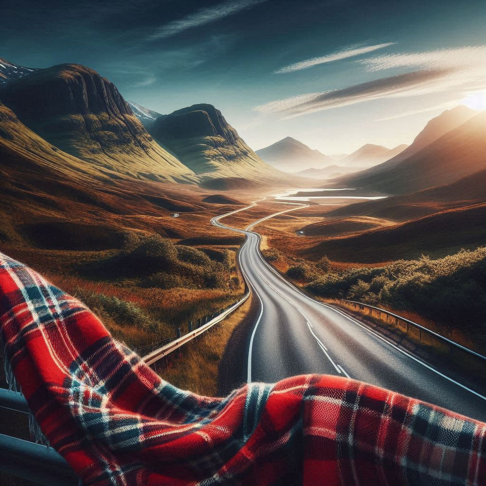 a long winding road in a Scottish landscape with some tartan.png