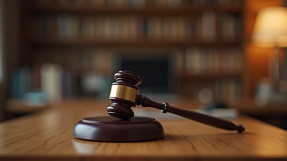 Eye-level view of a gavel on a wooden desk