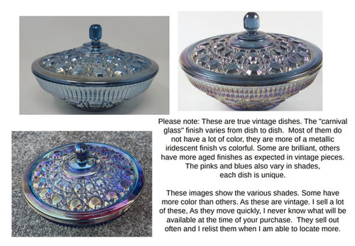 Vintage Powder Box, Pink or Blue Pressed Glass with Puff and