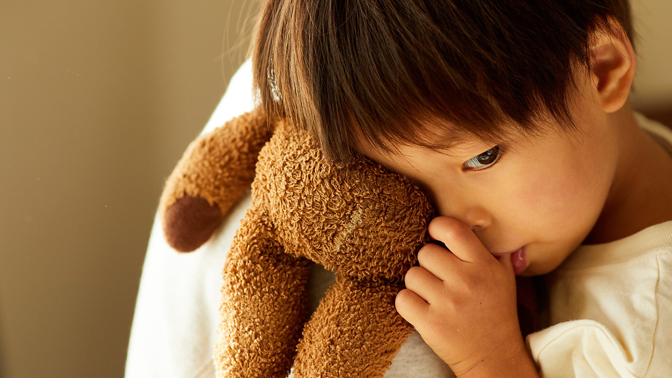 Criança oriental abraçada em urso de pelúcia, chupando o dedo polegar.