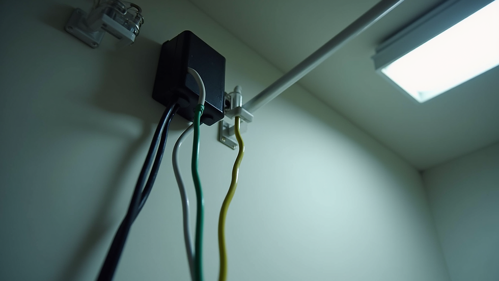 Eye-level view of a light fixture wiring setup showing black, white, and green wires