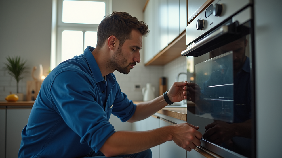 Eye-level view of a technician installing a kitchen appliance