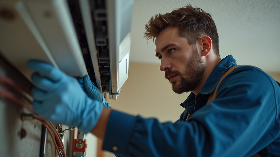 Close-up view of a professional technician inspecting a home HVAC system