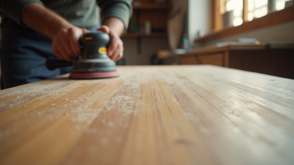 Eye-level view of wooden table being sanded for refinishing