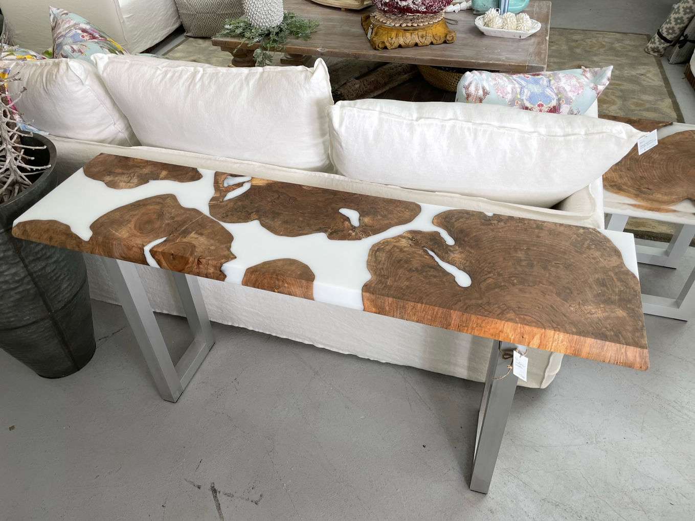 maple on white console table
