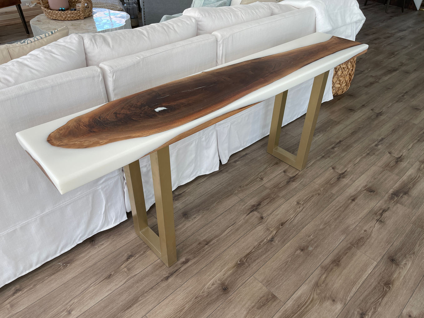 walnut on white console table