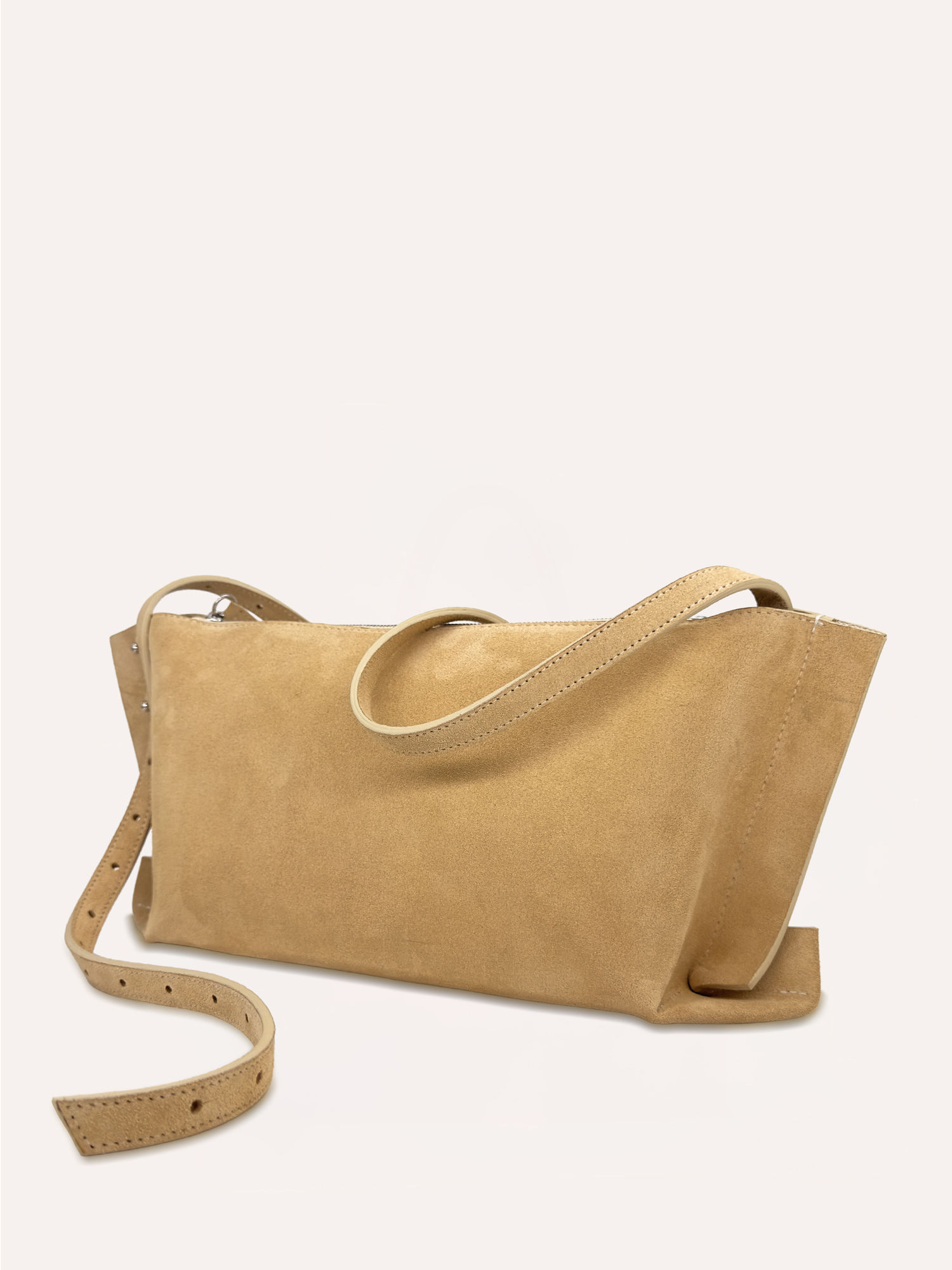 Pinar Soft Clutch in Beige Leather Side with Strap View