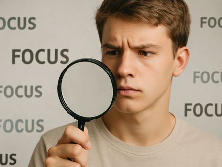 Teenage boy holding a magnifying glass, searching for the word “focus” among many, symbolizing difficulty concentrating.