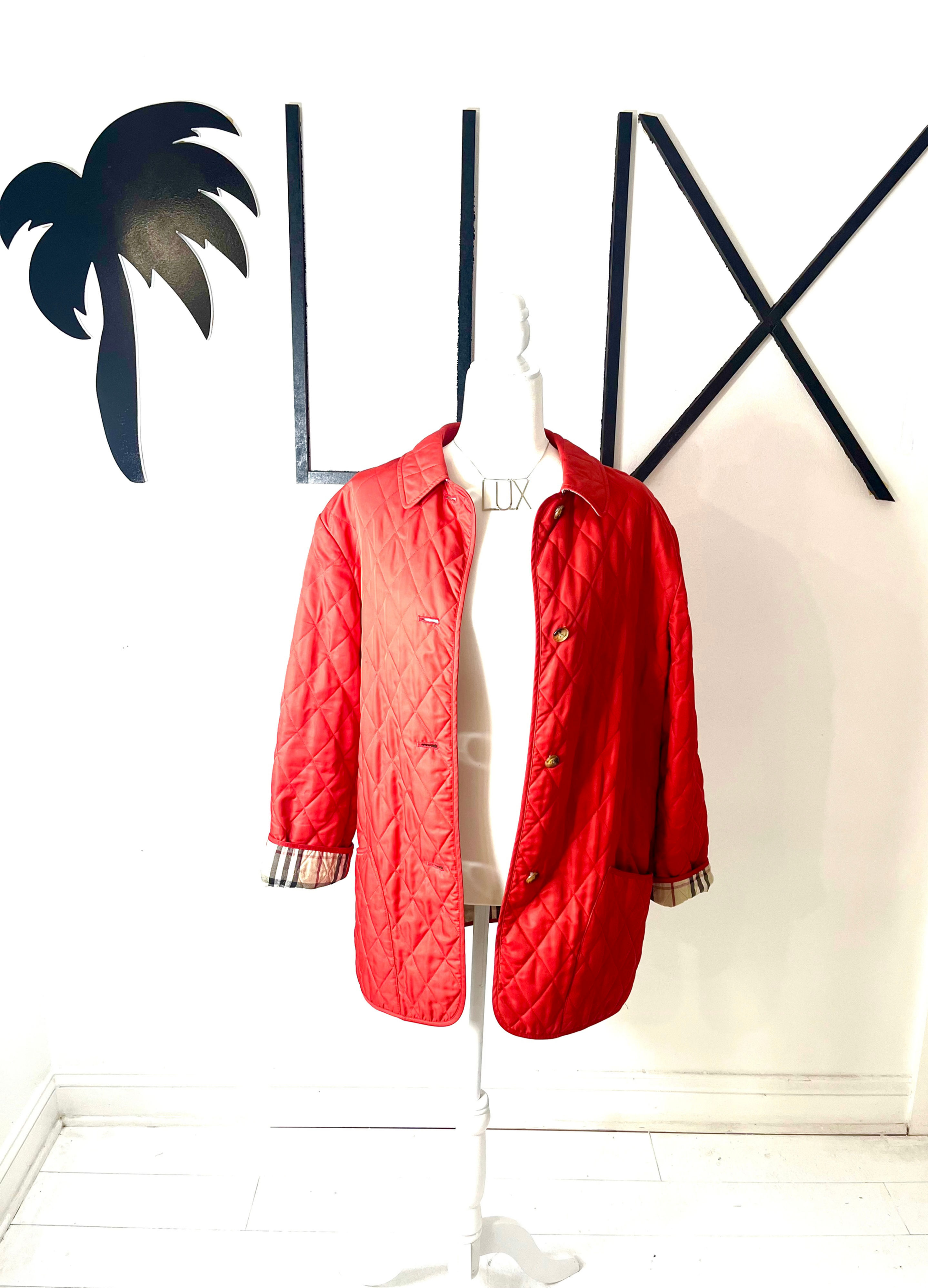 BURBERRY Constance London Diamond Quilted Red Jacket with Nova Check Cuffs Siz