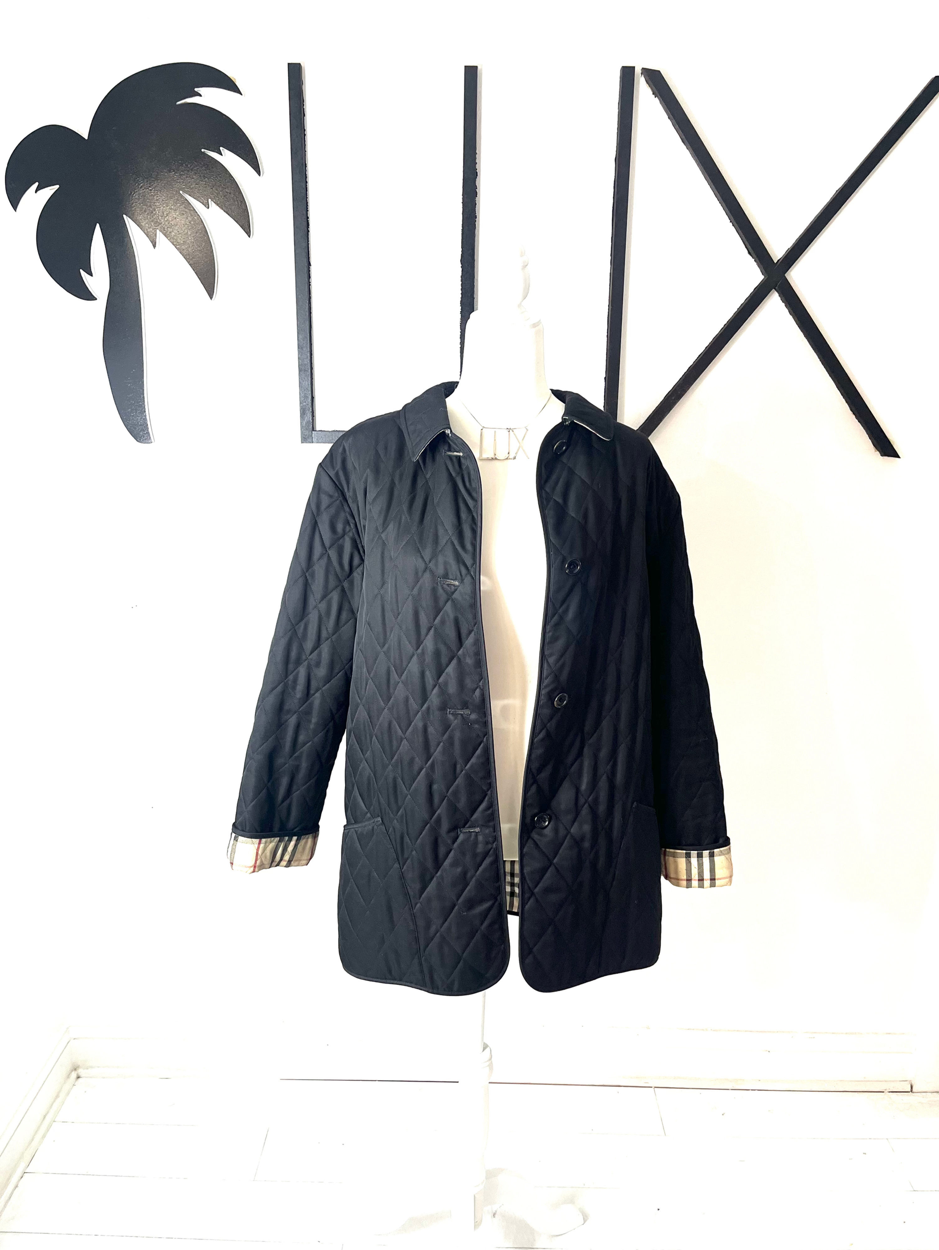 BURBERRY Constance London Diamond Quilted Black Jacket with Nova Check Cuffs Siz