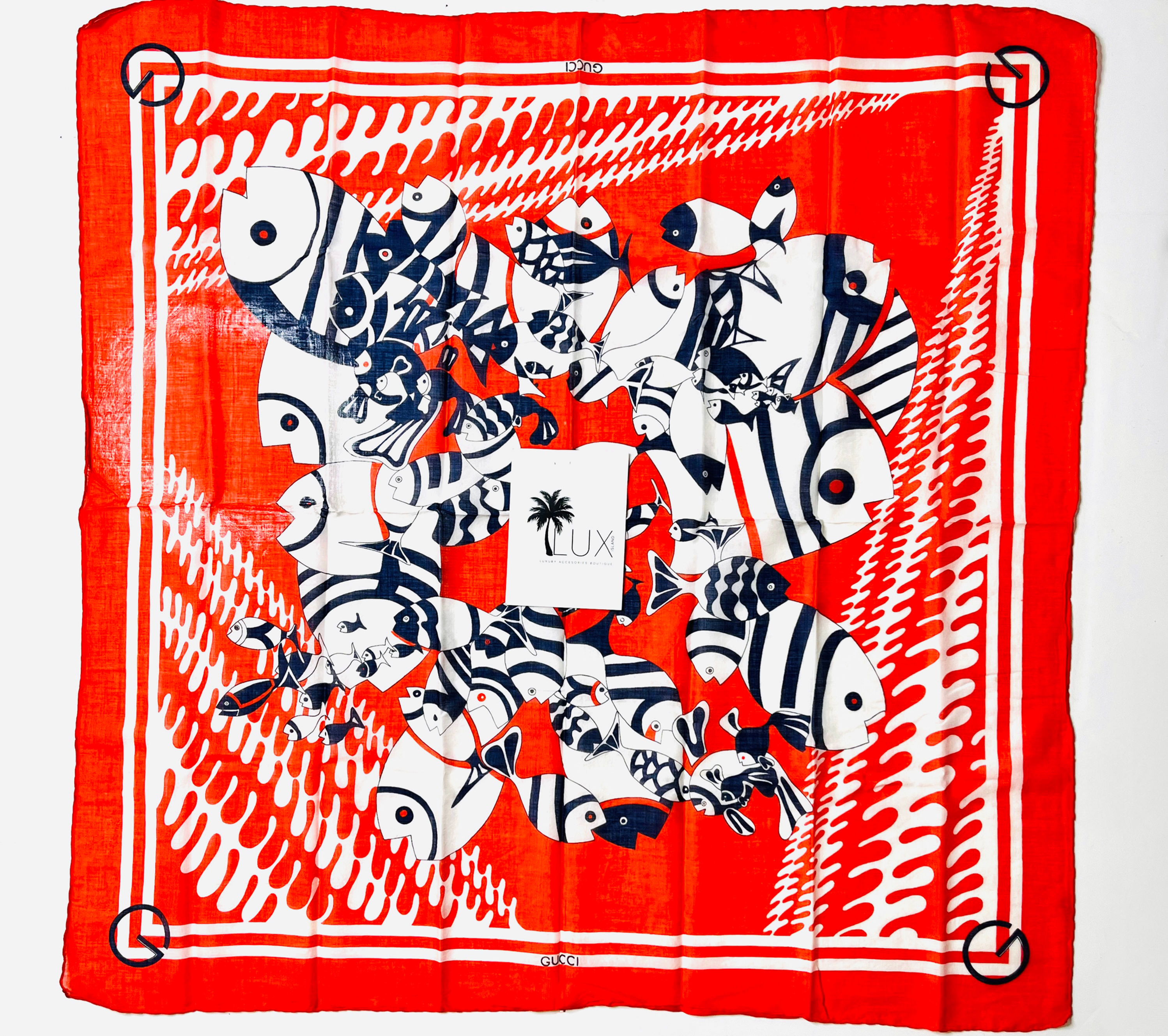 GUCCI Red, White & Blue Fish Print 90cm Cotton Scarf