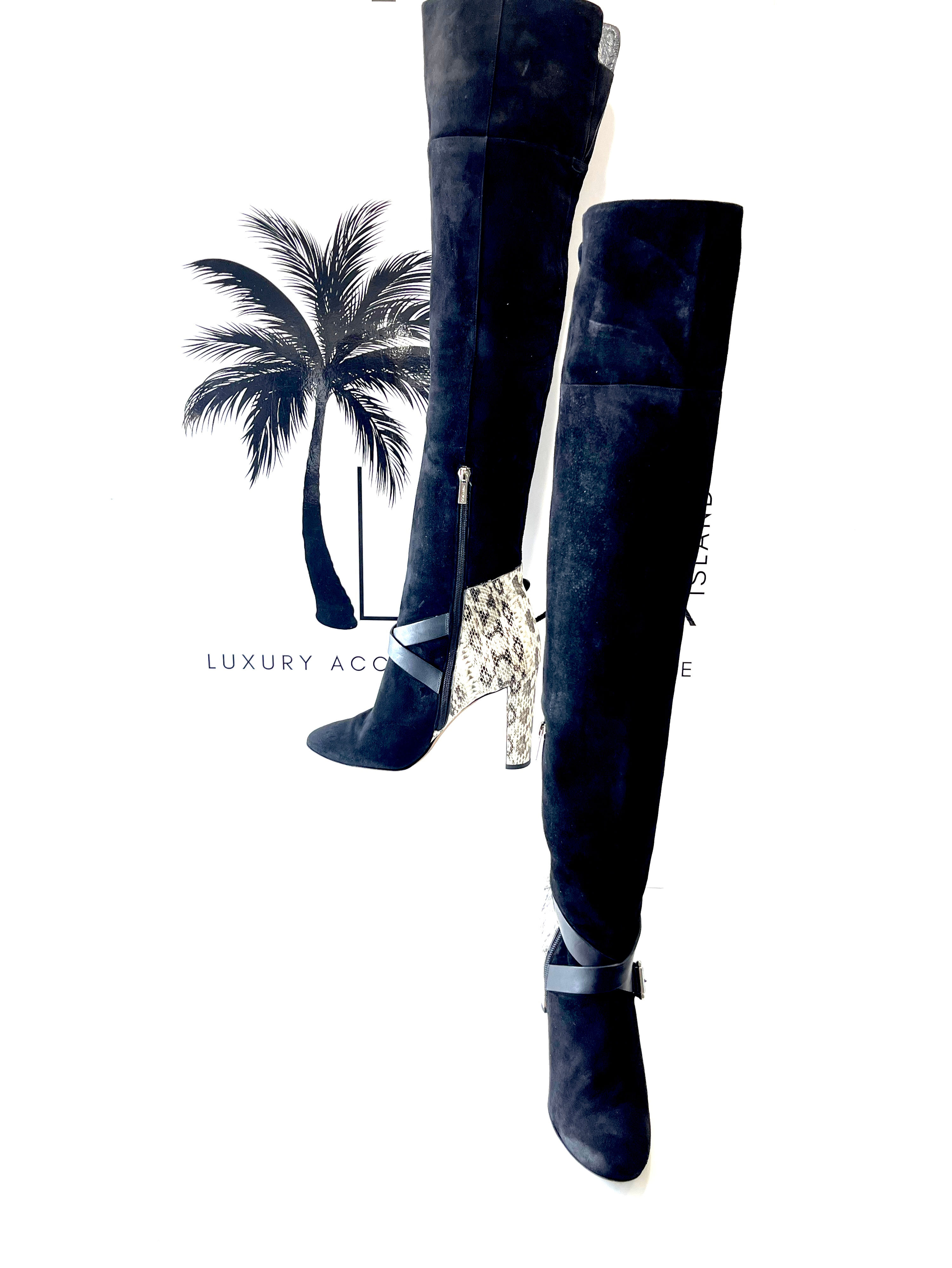 JIMMY CHOO Doma Black Suede Over-the-Knee Boots Snakeskin-Pattern Heel Size 40.5