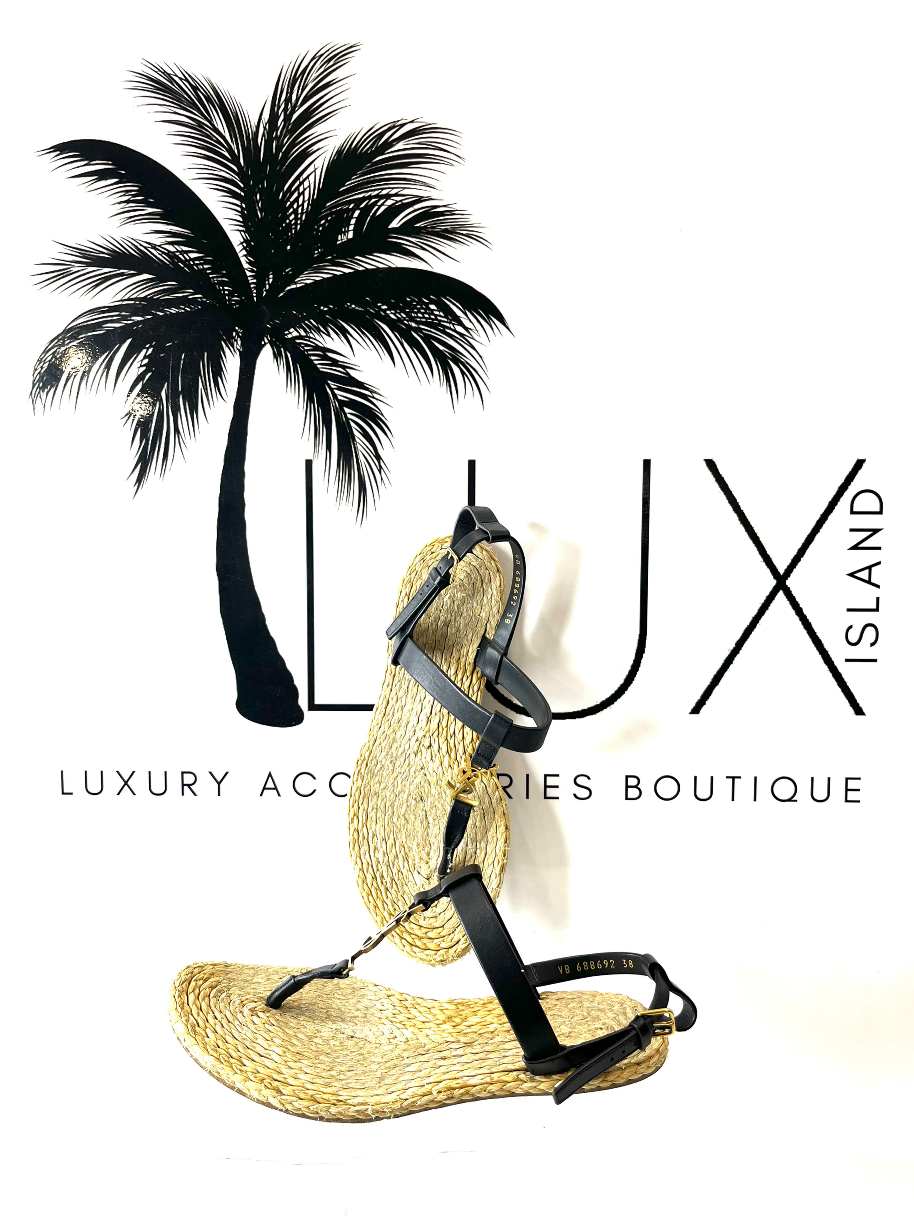 YSL SAINT LAURENT Cassandra Black Leather Sandals with YSL Thong Logo Size 38 