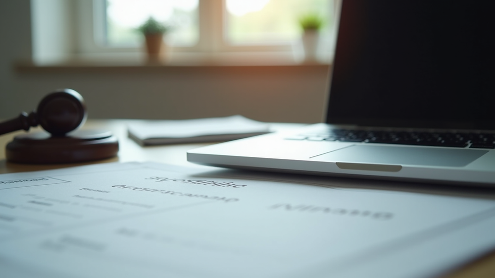 Eye-level view of a laptop and legal documents on a desk