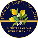 Logo da empresa Ilha de Capri Viagens contendo um arranjo de limão siciliano sobre um fundo azul marinho