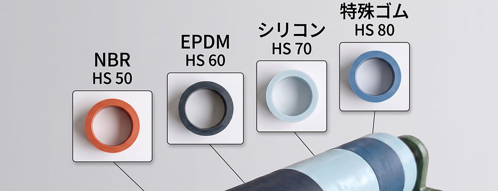 "4種類のゴムローラー(NBR、EPDM、シリコン、特殊ゴム)の素材と硬度の比較"