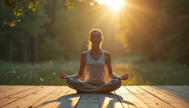 Eye-level view of a person sitting cross-legged on a wooden floor surrounded by nature, practicing mindfulness meditation