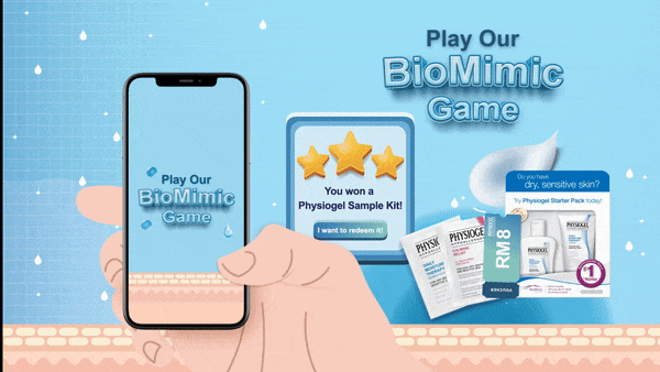 Game Section design and game play reference for skincare brand physiogel triple action biomimic technology campaign landing page ui/ux design