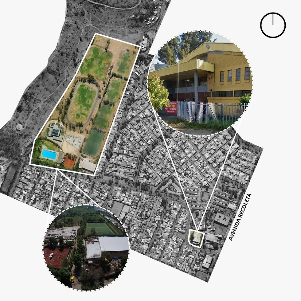 Mapa de Las 7 Canchas y el Gimnasio Municipal, dos recintos que podrían concesionarse si el concejo municipal aprueba la nueva Corporación Municipal de Deporte, Cultura y Fomento Productivo.