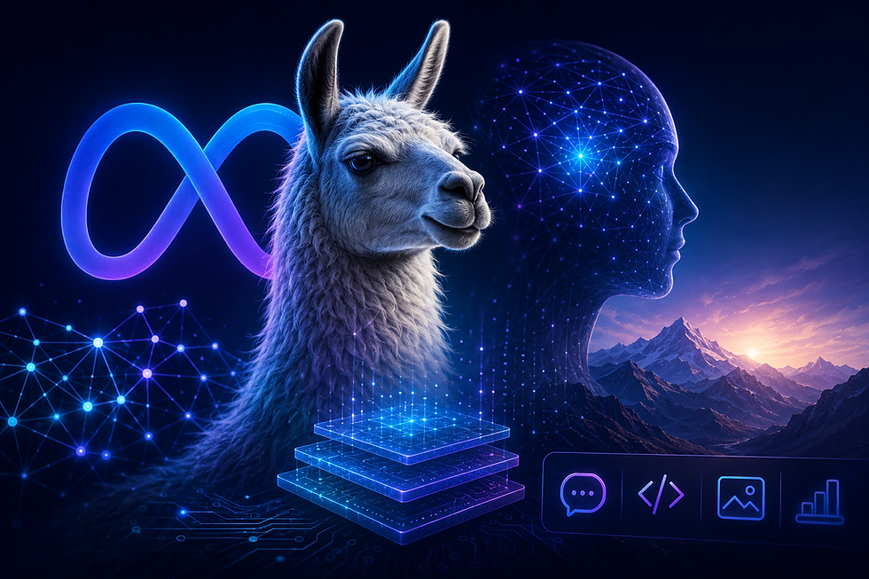 Futuristic LLaMA AI illustration with neural networks, digital layers, and Meta-inspired technology elements.