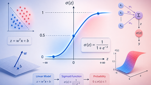 Logistic regression sigmoid function visualization with decision boundary and probability curve