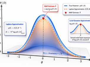 Laplace Approximation showing a true posterior distribution, Gaussian approximation, and MAP estimate in Bayesian machine learning.