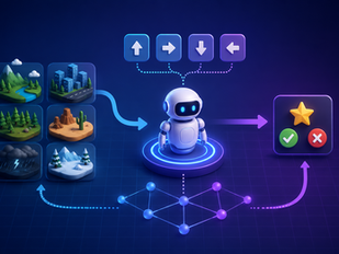 Markov Decision Process illustration showing an AI agent interacting with different environment states, selecting actions, receiving rewards, and learning optimal decisions through state transitions and feedback loops.