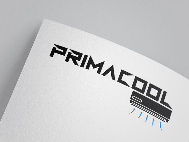Logo von Primacool für einen Anbieter von Klimaanlagen auf weißem Papier mit schwarzer Wortmarke und blauen Akzenten