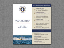 Flyer der Wassersportschule Hamburg mit Bootsmotiv und blau-weißem Design