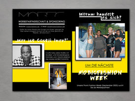 Schwarz-gelbe Sponsoringbroschüre mit Headline „Warum handelt es sich“ und Bildern der Mobicfashionweek