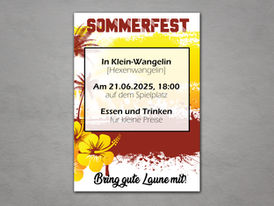 Sommerfest-Plakat mit gelber Schrift und tropischen Blumenmotiven auf rötlichem Hintergrund