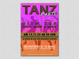 Plakat „Tanz Party – Hits der 2000er“ mit pinkem Verlauf und auffälliger Typografie