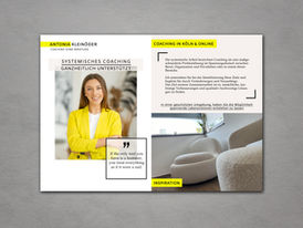 Flyer-Design für Antonia Kleinöder mit gelbem Akzent und Porträtfoto auf weißem Hintergrund