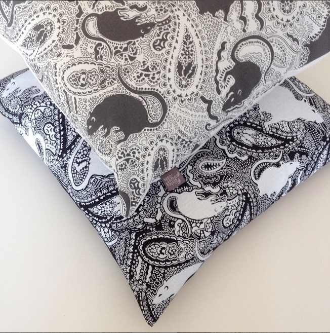 Paisley Power rat cushions designed by Patrick Moriarty