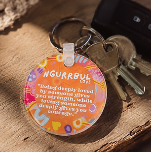 Ngurrbul Love keyring featuring colourful Aboriginal artwork.