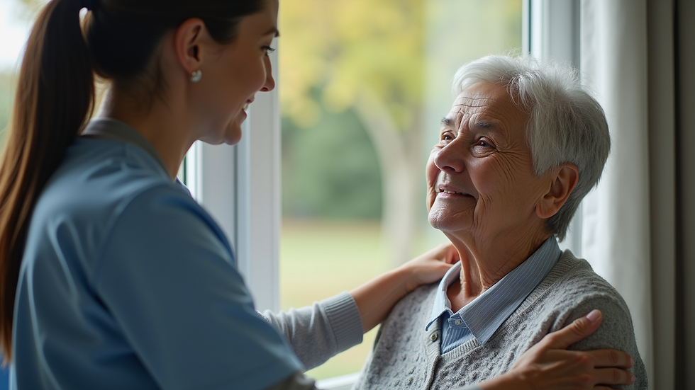 Close-up view of a caregiver assisting an elderly person