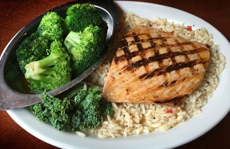 salmon, broccoli and rice at the Alamo Steakhouse in Gatlinburg, TN