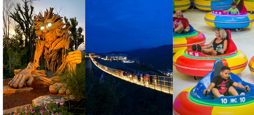 Anakeesta Willow Man, Gatlinburg, Gatlinburg SkyBridge at Night, and Ober Gatlinburg ice bumper cars