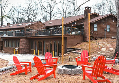 cabin exteror, deck and firepit