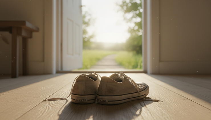 Close-up view of worn shoes beside a doorway with bright light outside.