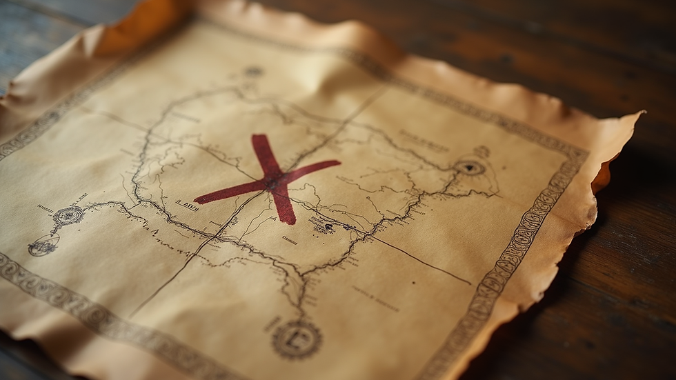 Close-up view of an old treasure map with an X marked on it