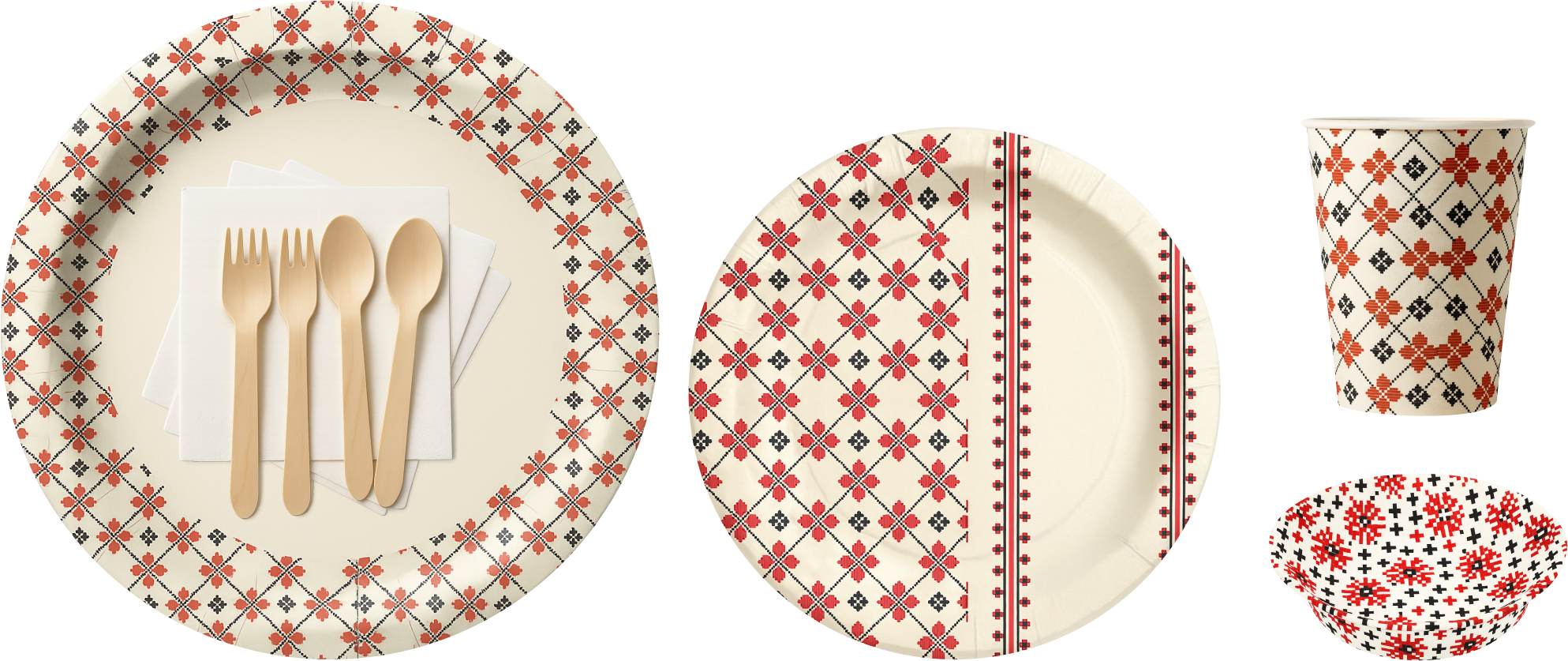 Crimson & Black Geometric Floral Party Tableware Set | 82 pcs Disposable Combo