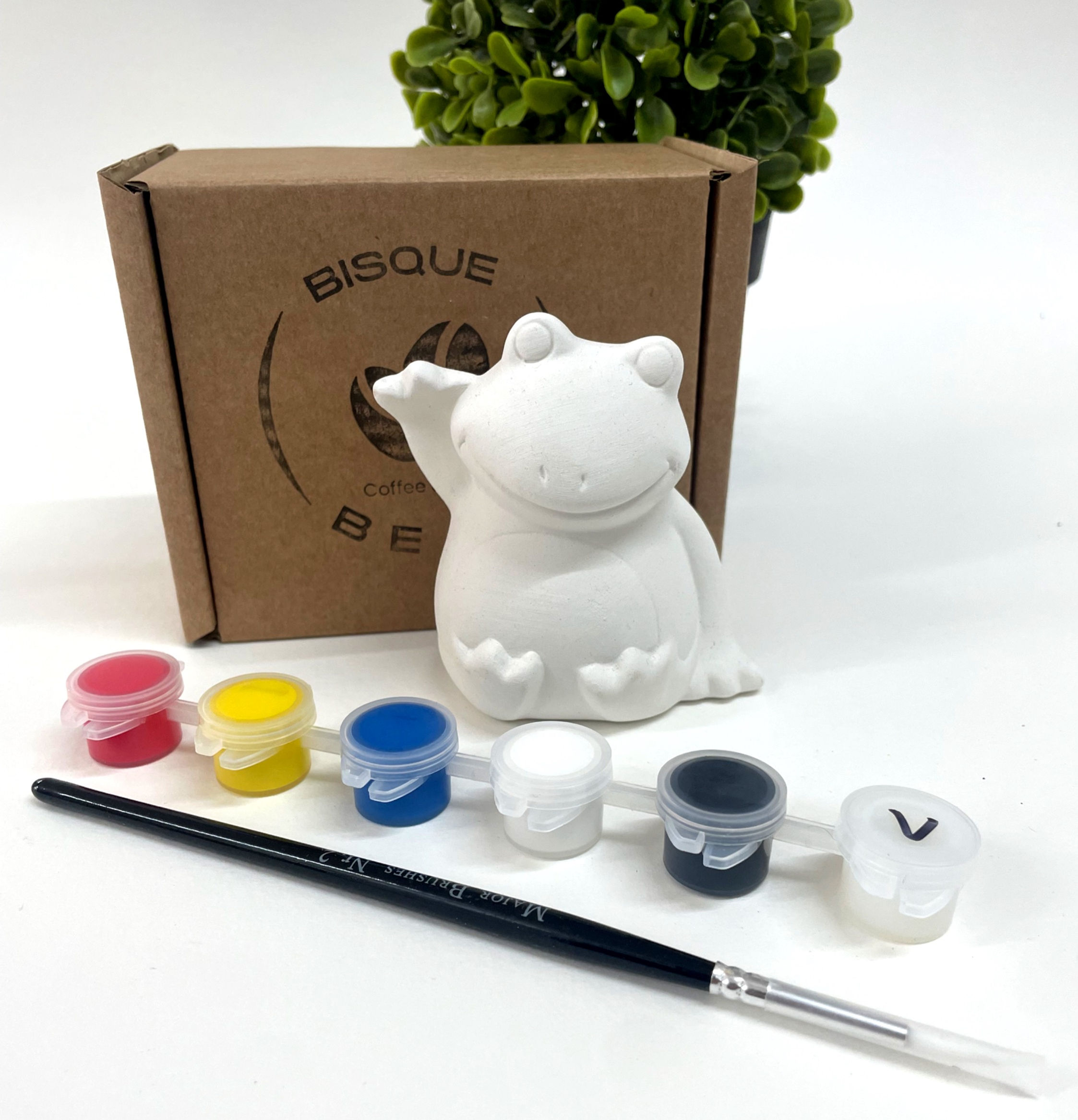 mini frog ornament with paints, brush, varnish and gift box