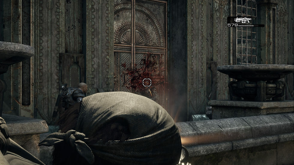 Gameplay of Gears of War Reloaded on PS5, featuring Protagonist Marcus Fenix shooting down an enemy Locust in typical, gory fashion.