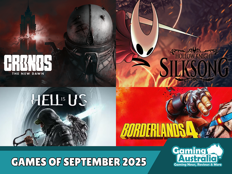 Gaming Australia's article "Games Releasing in September 2025" cover image, featuring posters for Cronos: The New Dawn, Hollow Knight Silksong, Hell Is Us and Borderlands 4 and the Gaming Australia logo in the bottom right corner.
