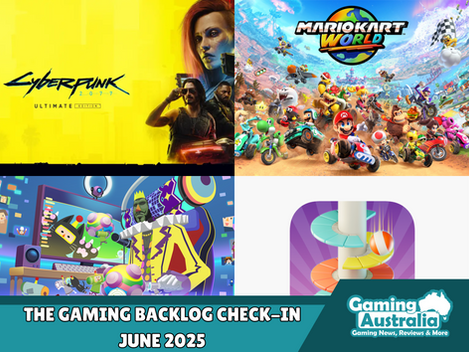 Tackling My Gaming Backlog cover image featuring Cyberpunk 2077, Mario Kart World, Katamari Damacy and Helix Jump.